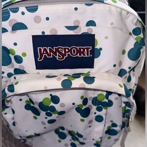 JANSPORT full-size backpack white-green, grey, blue bubbles 3 lg compartment EUC